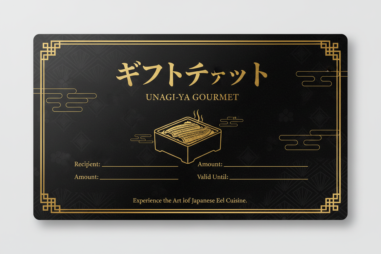 めちゃくちゃうまそうな高級うなぎ屋のオンラインギフトチケットを作ってください。黒がベースで金の文字でお願いします。 